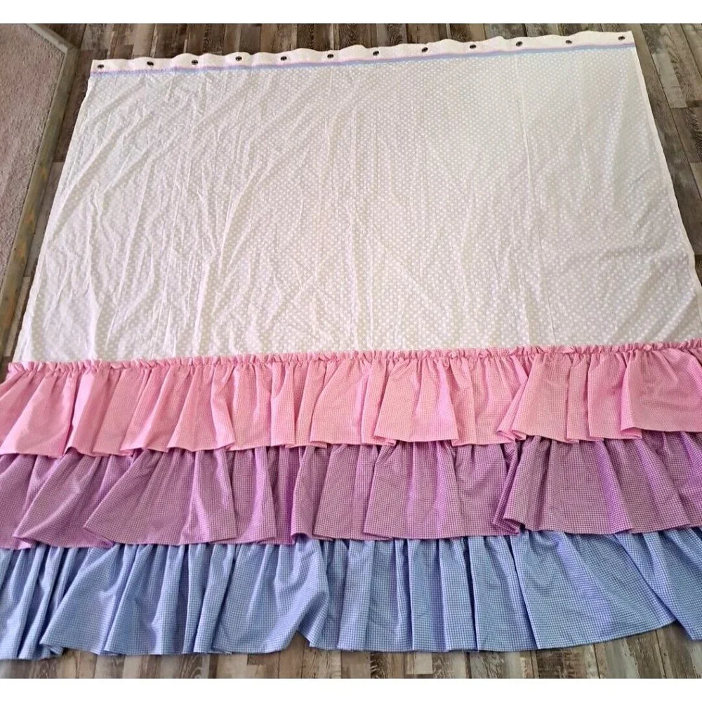 Fabric Shower Curtain Gingham Ruffled Polka Dot Pink Blue Purple Fun Colorful